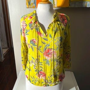 Loft Floral Pleated Tie Neck Sheer Blouse Yellow Petite Large